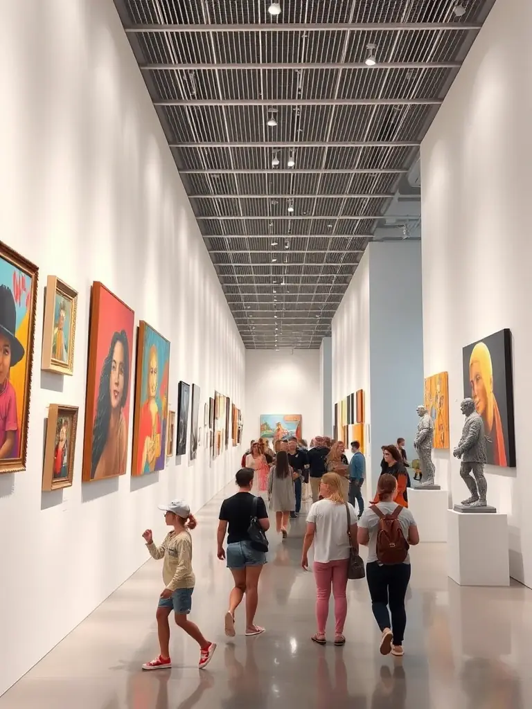 A photograph of a recent art exhibition at the Elise Rieuf Municipal Museum, showcasing local artists and their work, with visitors admiring the displays.