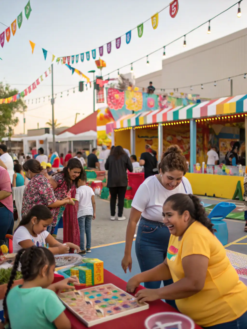 A vibrant scene from a community event held at the museum, featuring live music, food stalls, and families enjoying the festivities.