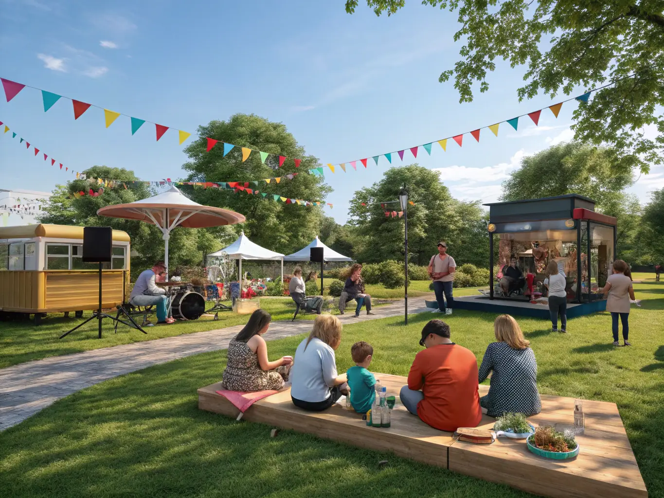 A lively scene of a community festival with music, dance, and local food vendors.