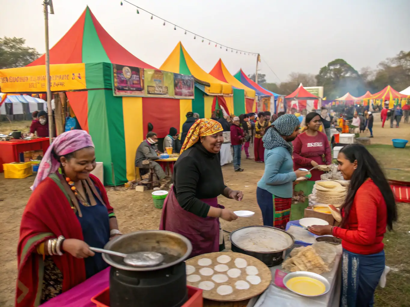 A lively scene from a community event at the museum, showing people enjoying a festival with music, food, and interactive activities, celebrating local culture and traditions.