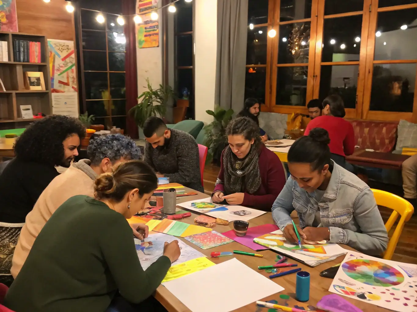 A photograph capturing an educational workshop at the Elise Rieuf Municipal Museum, showcasing children and adults participating in a hands-on art workshop in a bright, welcoming space.