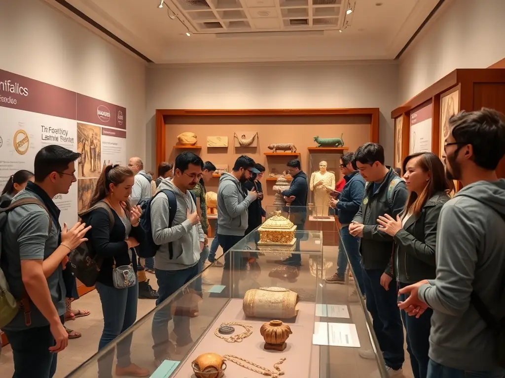 A vibrant photograph capturing a cultural exhibition at the Elise Rieuf Municipal Museum, showcasing local art and historical artifacts, with visitors of all ages engaged in learning and appreciation.