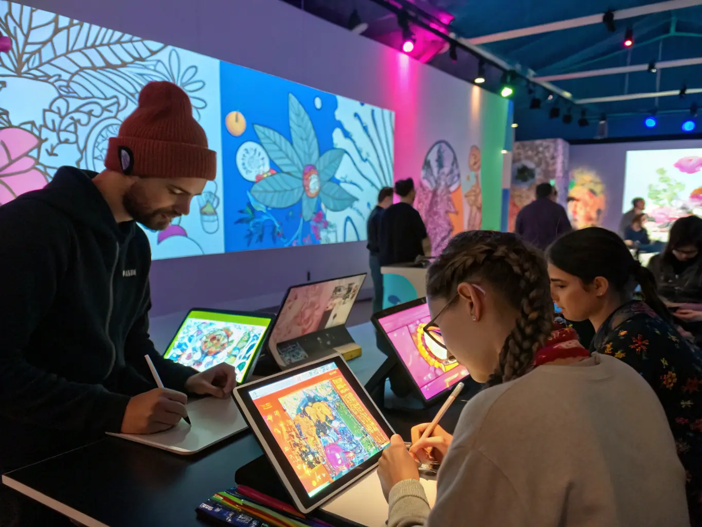 A dynamic image of an educational workshop in progress, featuring participants actively involved in an art project, guided by an instructor in a bright and engaging setting.