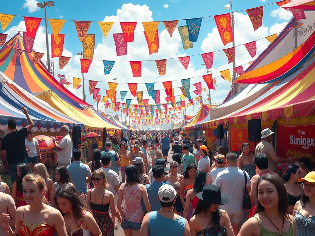 A photograph capturing a community event at the Elise Rieuf Municipal Museum, showcasing a lively scene of a community festival with music, dance, and local food vendors.