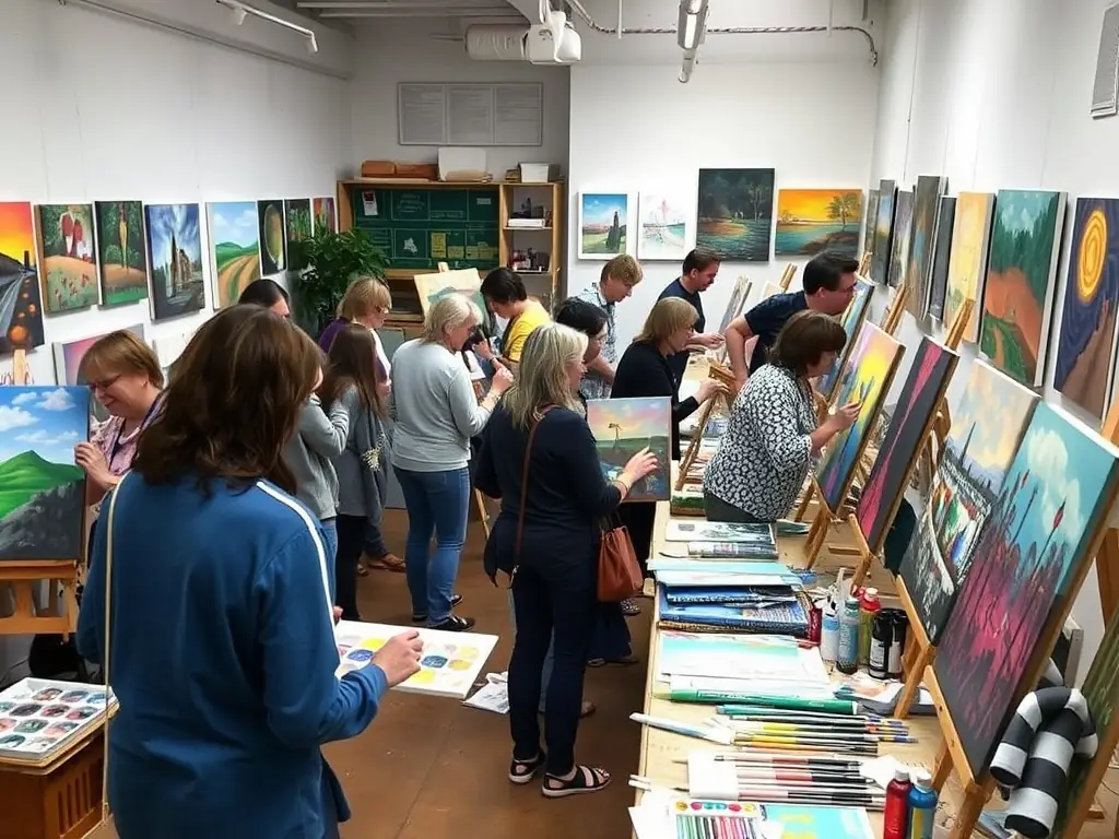 A vibrant photograph capturing participants actively engaged in an art workshop at the Elise Rieuf Municipal Museum, showcasing hands-on learning and creative expression.