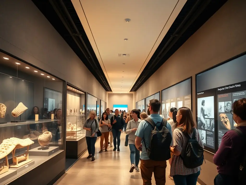 A photograph capturing a cultural exhibition at the Elise Rieuf Municipal Museum, showcasing historical artifacts and artwork, with visitors of all ages engaging with the displays.