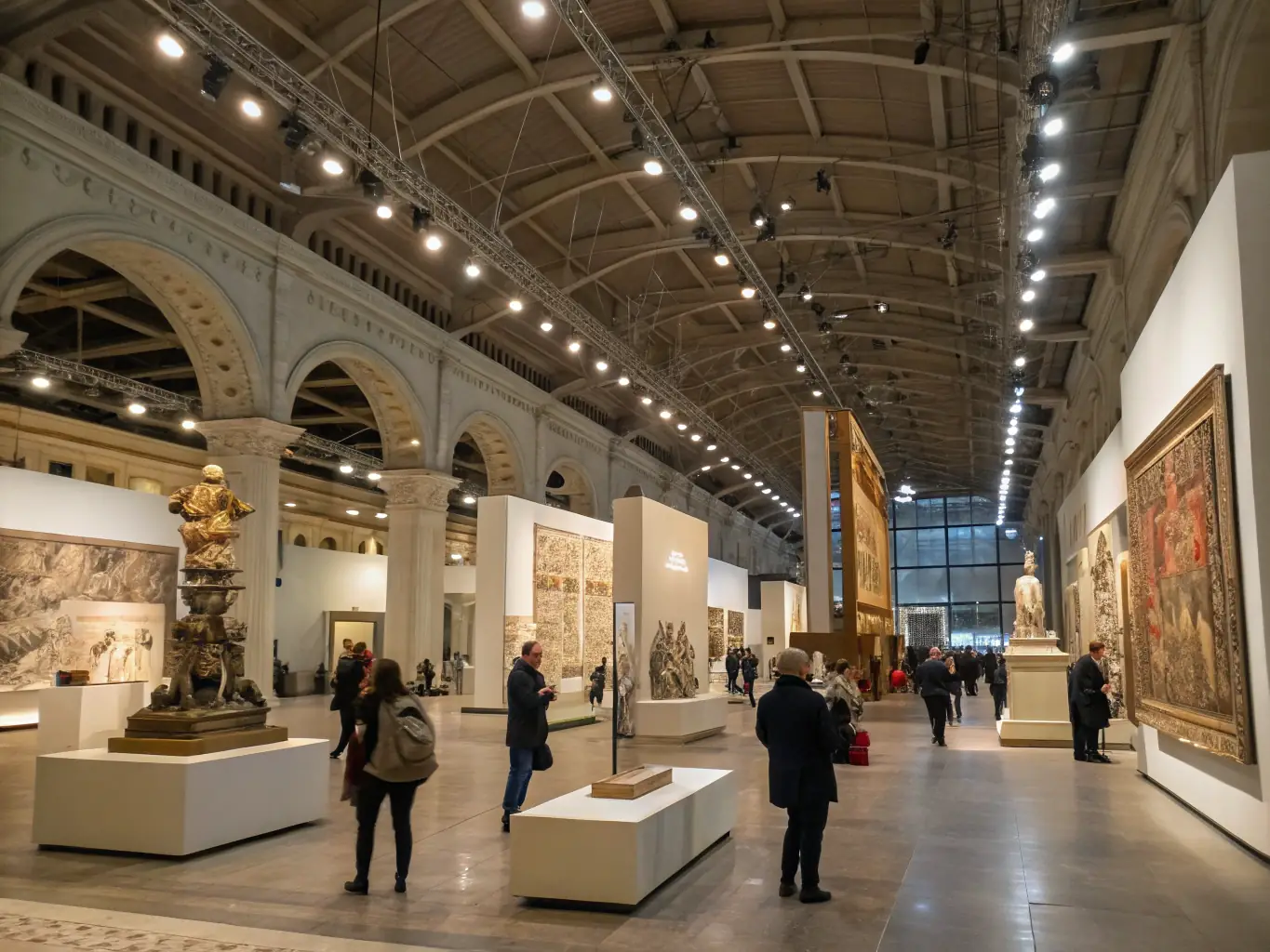 A vibrant image of an exhibition hall filled with artwork and historical artifacts, with visitors engaging with the displays.