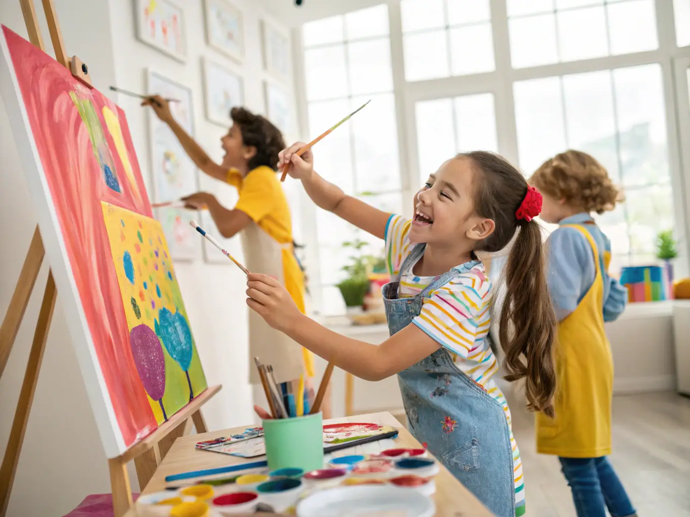 An image of children and adults participating in a hands-on art workshop in a bright, welcoming space.